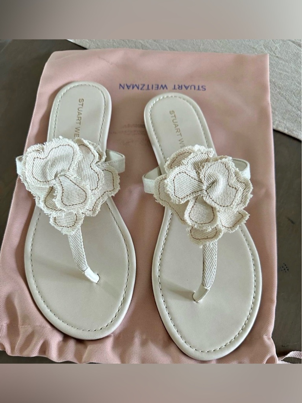 Stuart Weitzman Cream Floral Appliqué Thong Sandals
